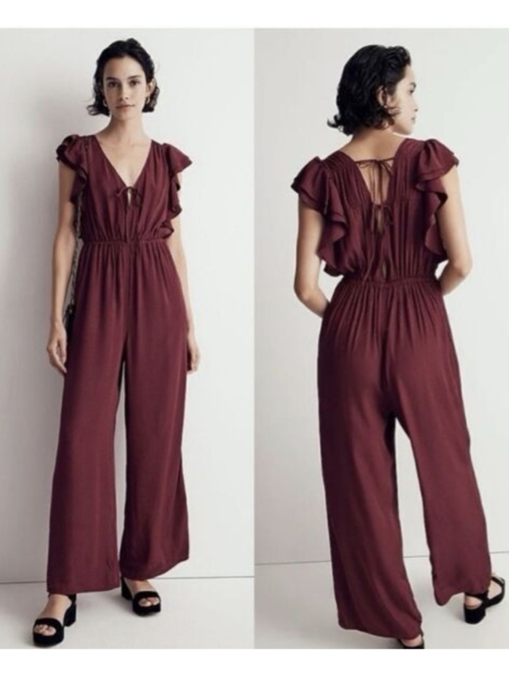 Madewell Open-Back Jacquard Deep V Ruffle Sleeve Jumpsuit Cabarnet Maroon - M